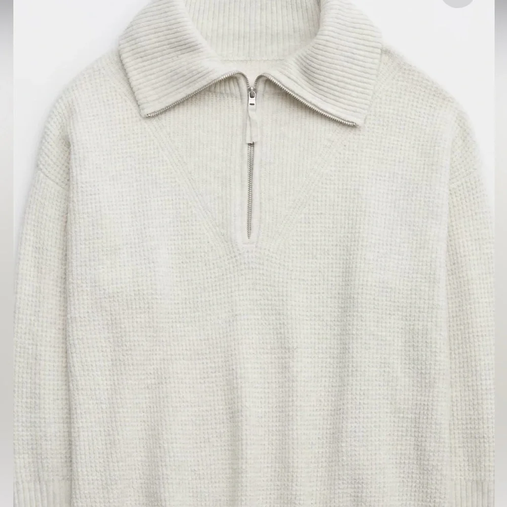 AERIE CozyUp Waffle Quarter Zip Sweater Gray Heather L